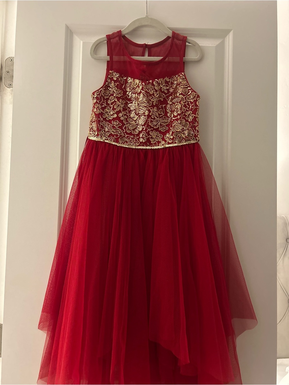 Red Tulle Party Dress with Gold Embroidered Bodice for Girls